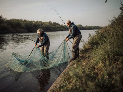 Vissers met professionele netten aan het water